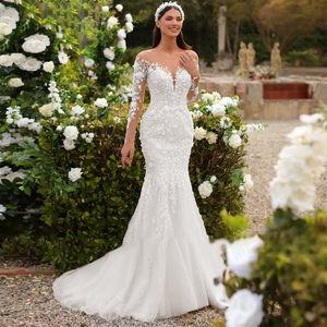 Detachable Train Mermaid Lace Wedding Dresses Scoop Neck Full Sleeves Beaded Bridal Dress