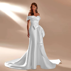 Off-the-Shoulder Satin Mermaid Wedding Dress with Zipper Back & Detachable Bow