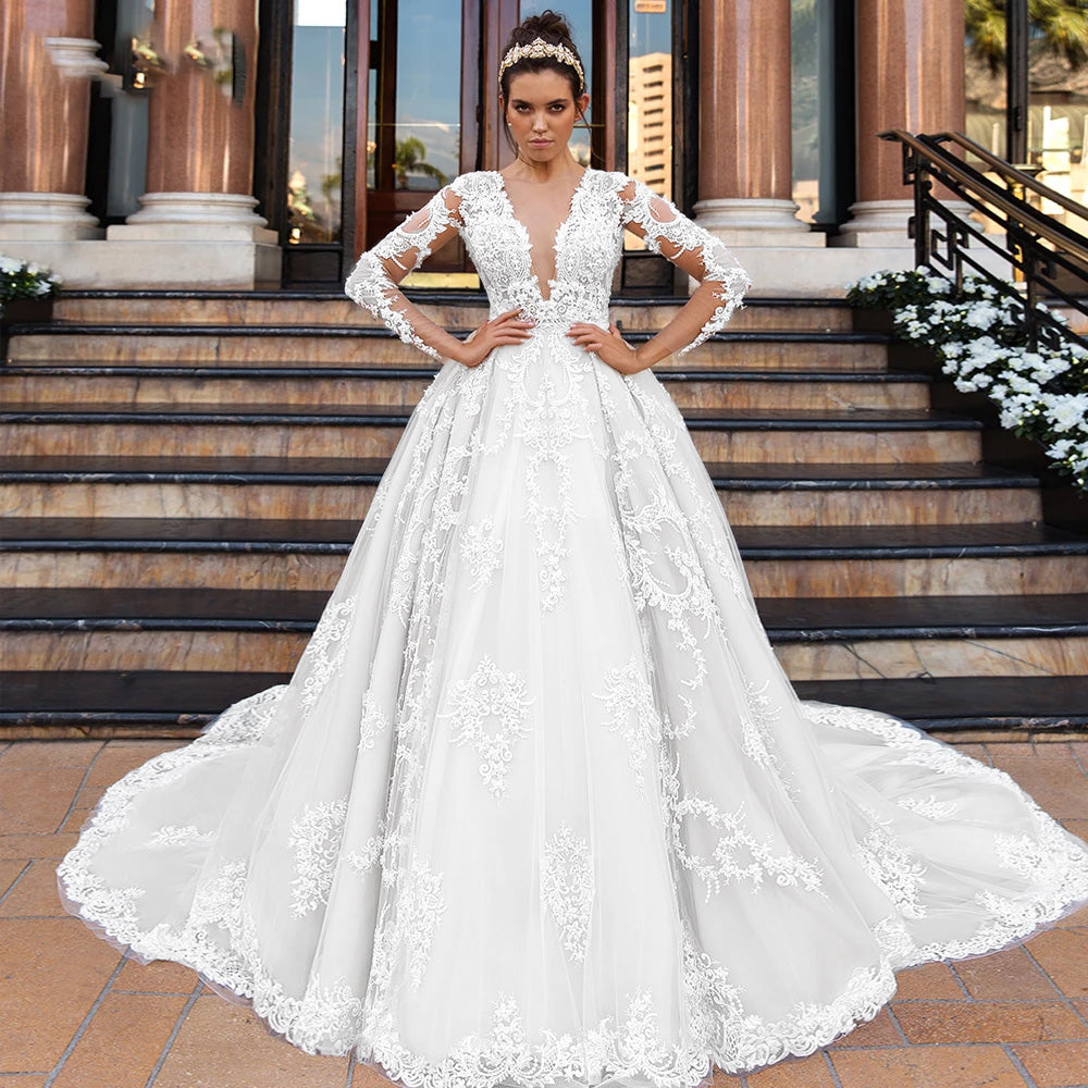 Deep v long sleeve wedding dress best sale