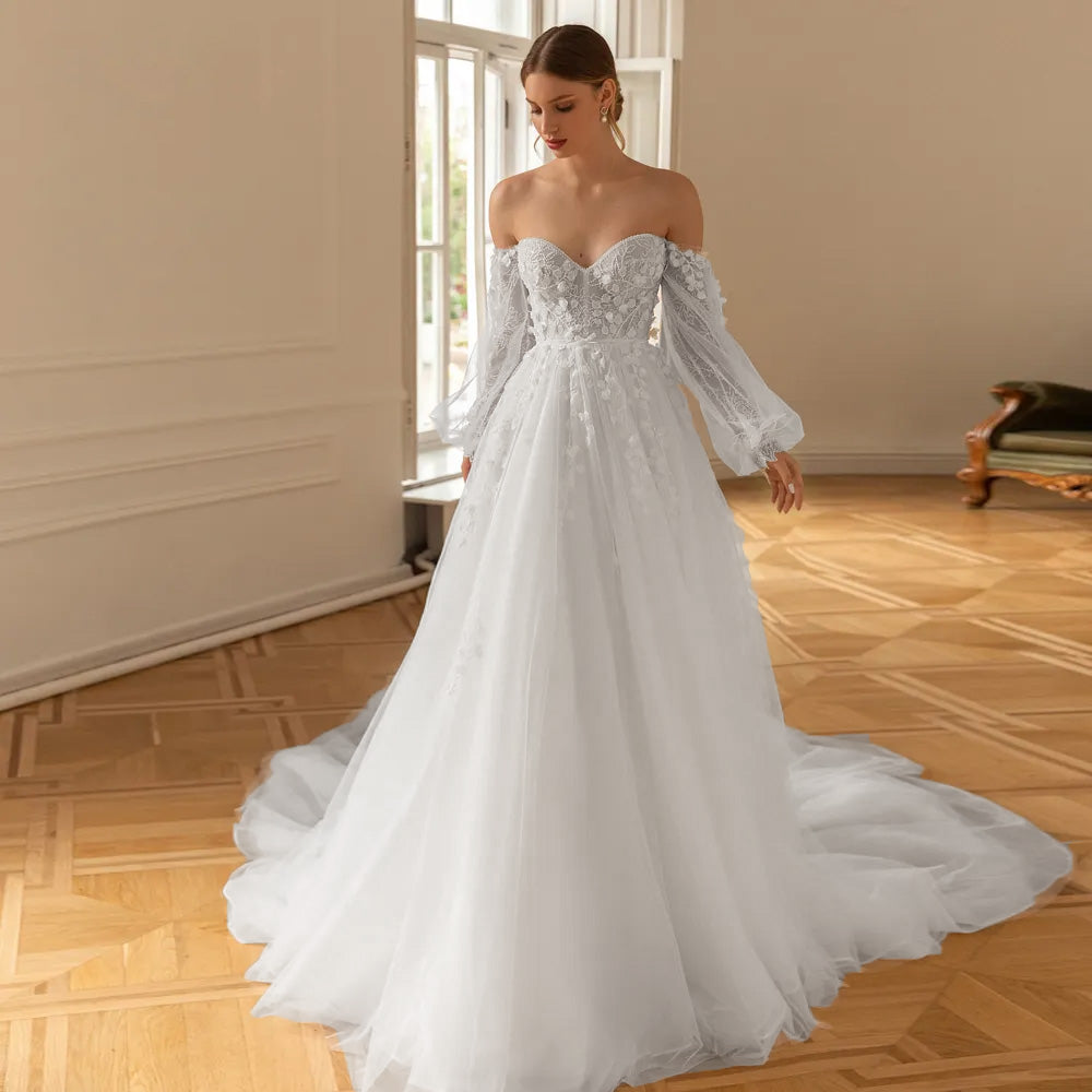 Classic A-Line Wedding Dress Puff Sleeve Court Train Sweetheart