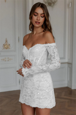 Off The Shoulder Lace Applique Mini Wedding Dress with Long Sleeves