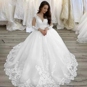 Plus Size V Neck Long Sleeves Court Train Wedding Dress Court Train Bridal Gown