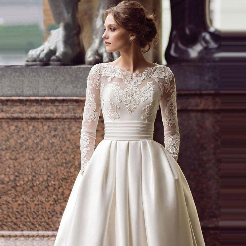 Long Sleeve A Line Satin Wedding Gown with Train Lace Appliques - Elsi John