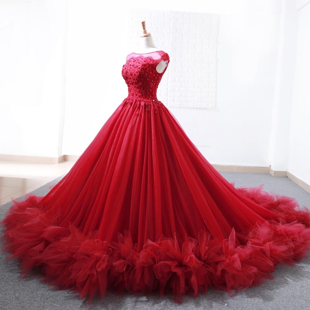 Elegant Long Ball Beading Crystal Red Wedding Dress Evening Gown - Elsi