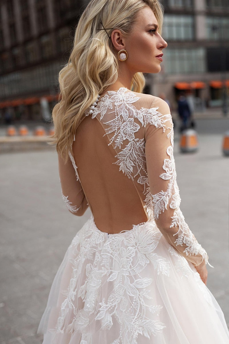 A Line V neck Long Sleeve Ivory Wedding Dress Boho Lace Custom Wedding  Dress GRDK013