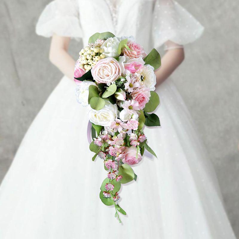 Pink Roses WaterFall Wedding Flower Bouquets